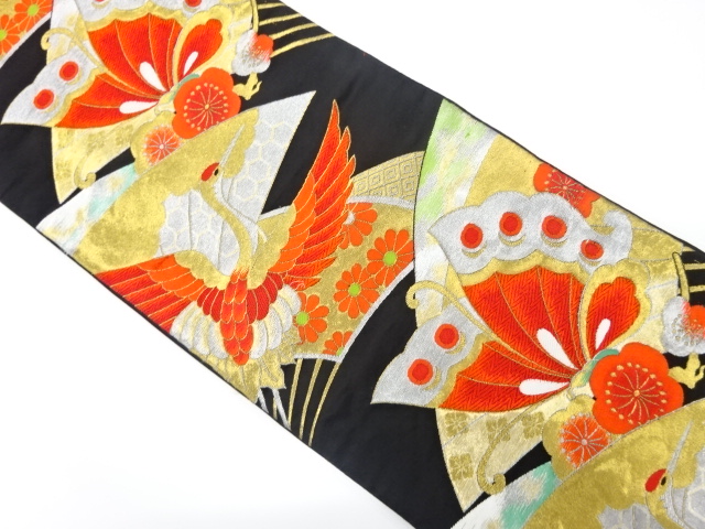 JAPANESE KIMONO / ANTIQUE FUKURO OBI / SILK / WOVEN CRANE & UME